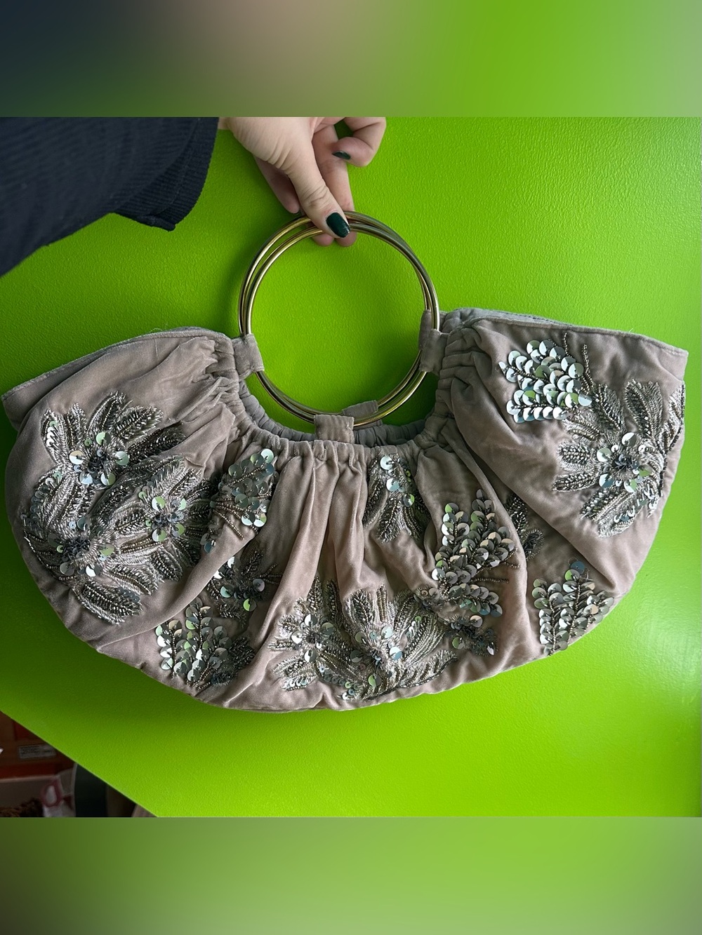 Anthropologie Gray Floral Sequin Purse with Gold Ring Handles & Crossbody Strap